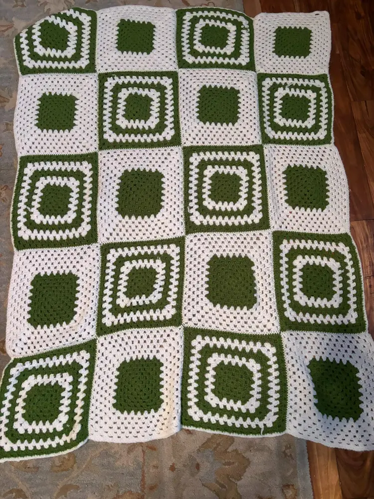 Hand Made Crocheted Throw Blanket Green and White Squares 39inches X 53inches