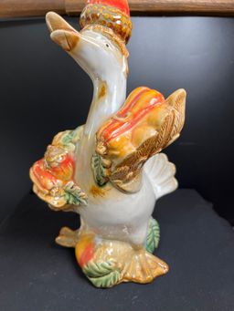 Ceramic Figurine of a Kitschy Goose w/ an Acorn Hat, Holding Fall Produce and Fall Produce Around His Feet. Lot 50
