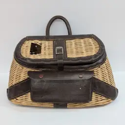 Vintage Fishing Creel Wicker Basket Leather Tackle Pocket & Trim Ruler Decor