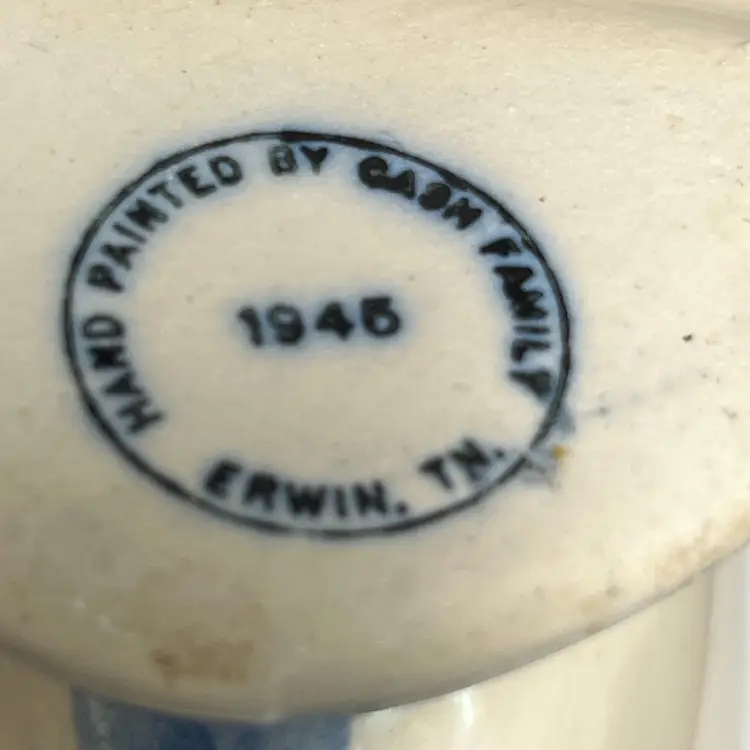 Cash Family- Hand Painted-  Pottery Vase – 1945- Erwin, Tennessee – Blue Floral Design – 9.5” Tall, 7” Wide