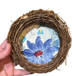 Adorable Upcycled Vine Wreath On Vintage Plate Saucer Butterfly Flowers Wall Art