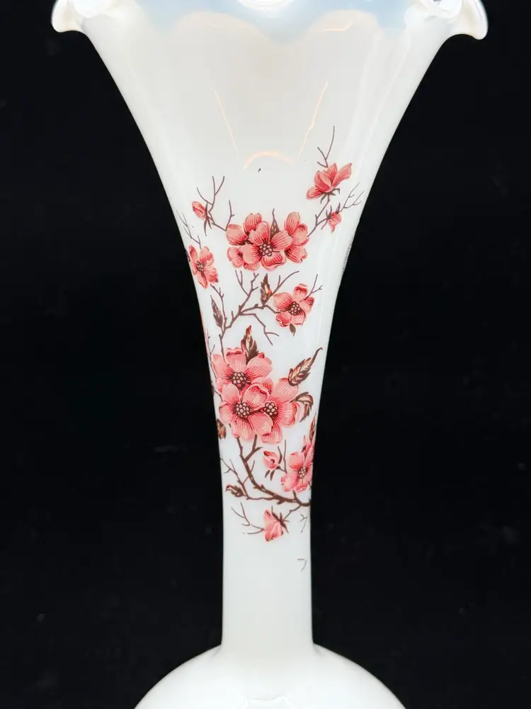Vintage Empoli Stelvia Italy Opaline  Vase Milk Glass W Florals Org Label
