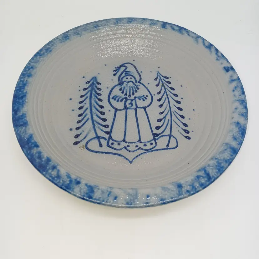 Vintage Eldreth Stoneware Pie Plate with Blue Folk Santa Design 1992