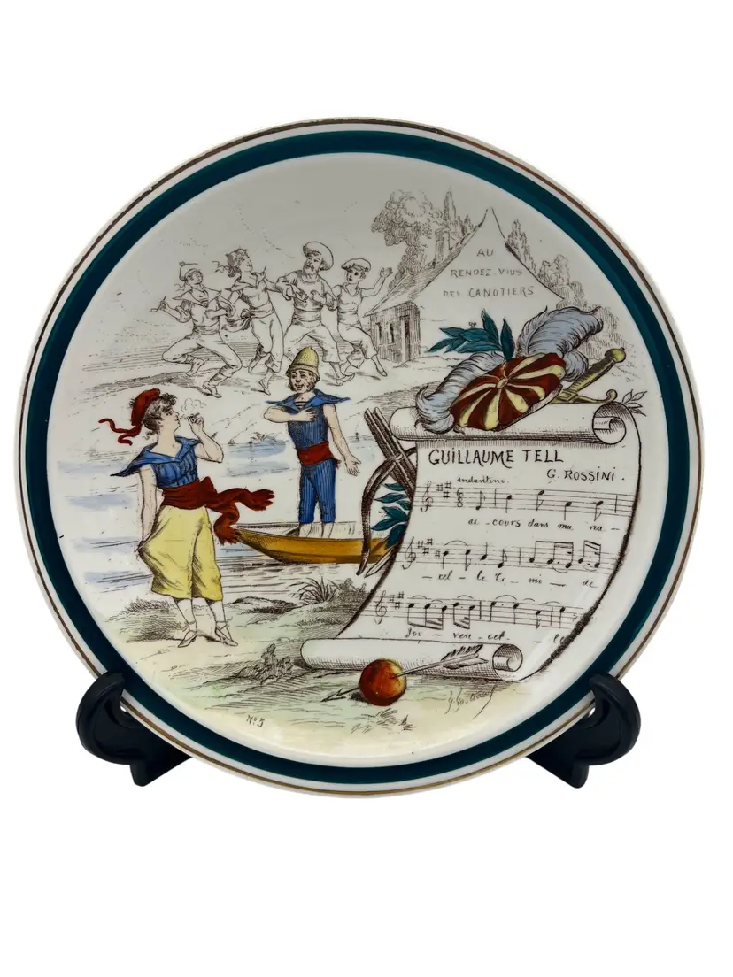 Antique Creil Montereau Sujets Musicaux Plate Guillaume Tell Rossini France Terre de Fer 8.5" Transferware c.1900s