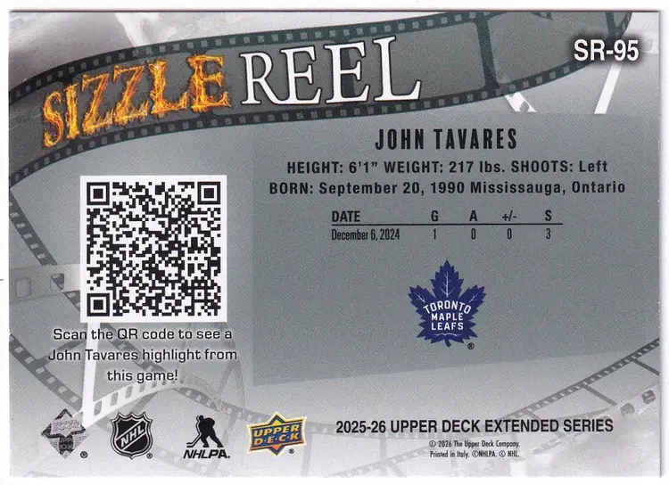 2025-26 Upper Deck Sizzle Reel #SR95 John Tavares Toronto Maple Leafs Hockey Card