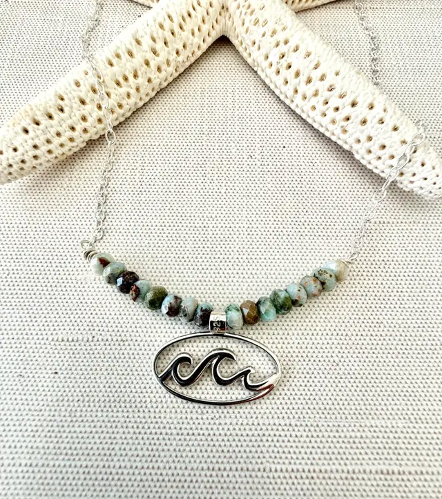 Oval Sterling Silver Wave Pendant On Prehnite Multi Color beads And Sterling Silver Chain