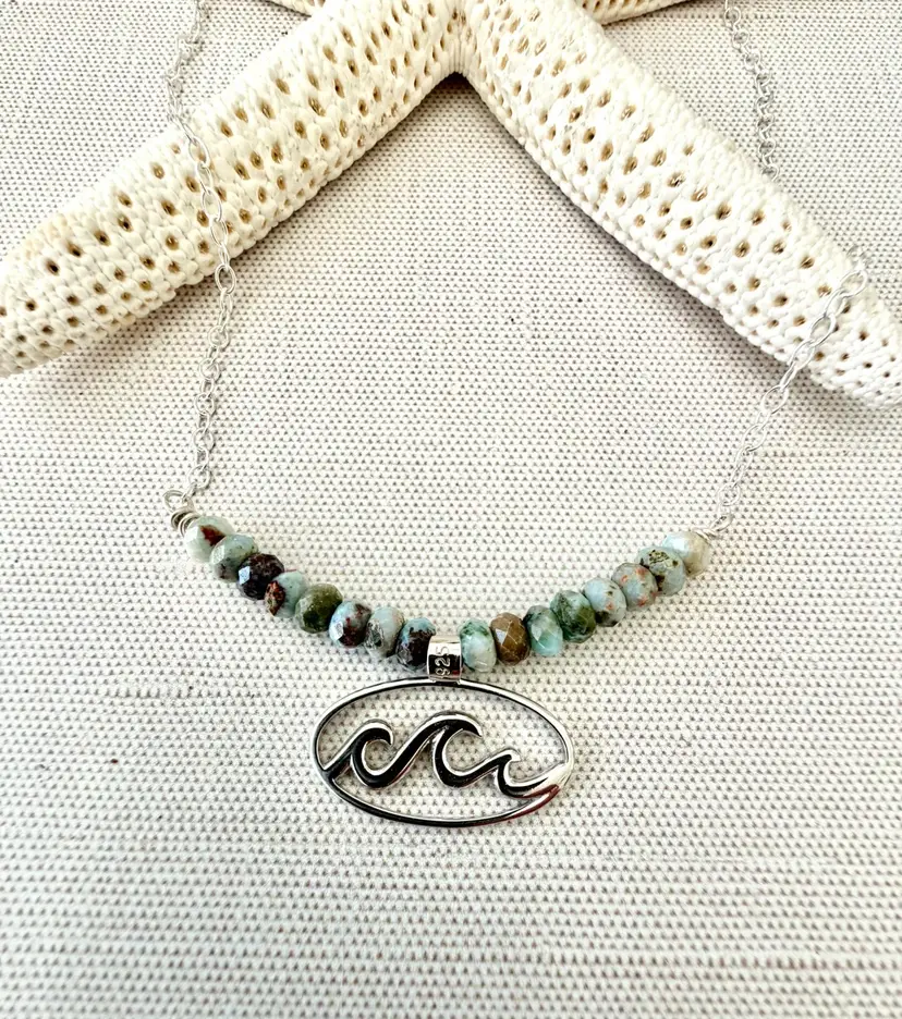 Oval Sterling Silver Wave Pendant On Prehnite Multi Color beads And Sterling Silver Chain
