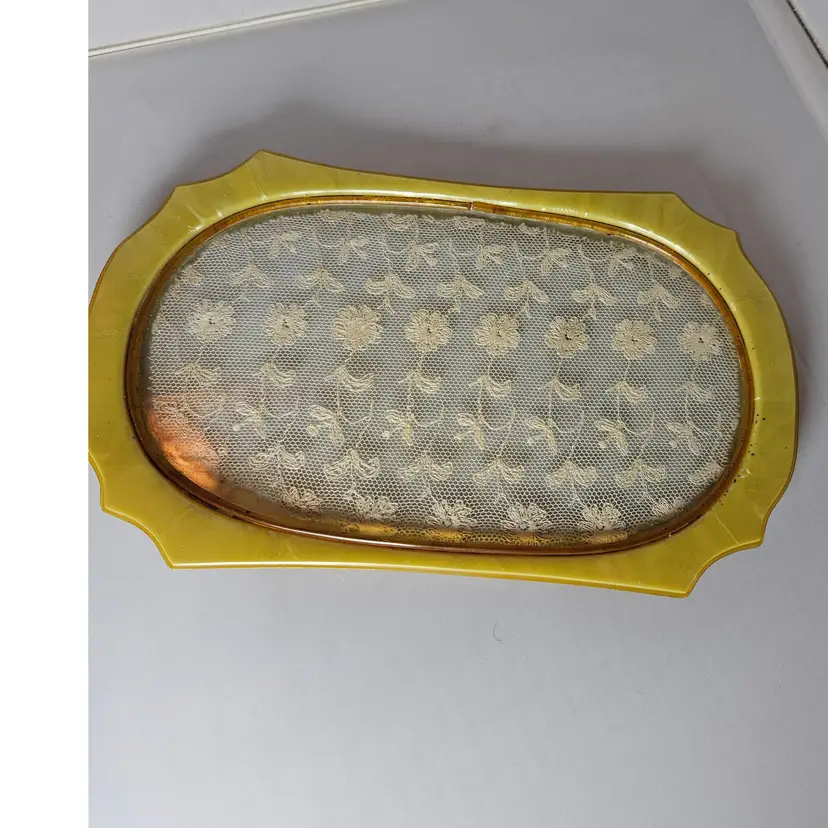 Vintage Ivory Pearl & Butterscotch Celluloid Vanity Tray with Lace Insert 9.5"