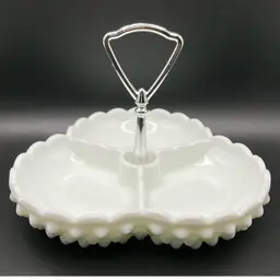$7 SB! Fenton Hobnail Milk Glass Divided Relish Trinket Dish With Handle - tiny chip