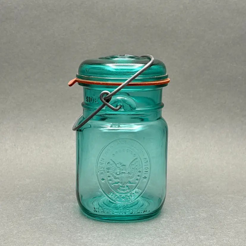 Vintage Blue Glass Ball Ideal Bicentennial Eagle Mason Jar with Lid and Wire Bail