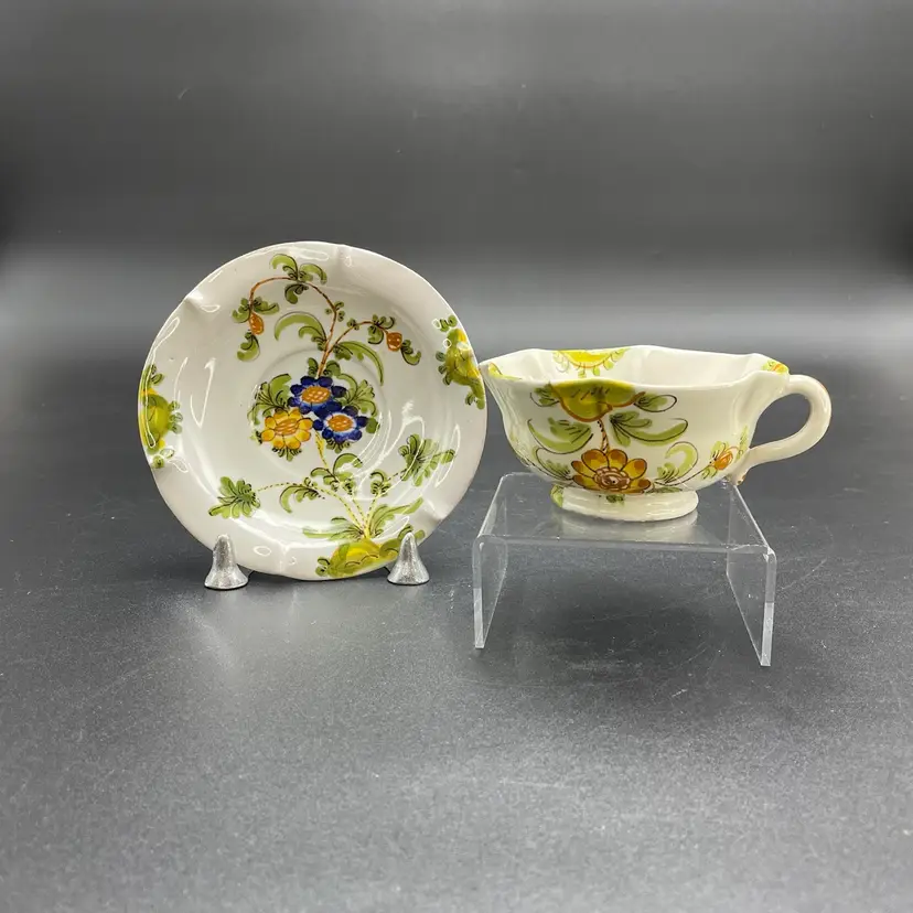 Cantagalli Firenze Italian Majolica Pottery Floral Teacup Saucer Cockerel Signed