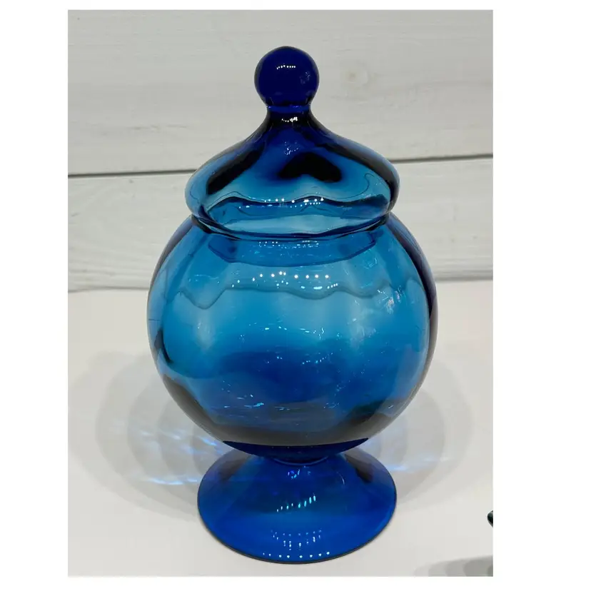 Vintage Empoli Optic Mid Century Art Glass Cobalt Blue Apothecary Compote Candy Jar Lidded Circus Tent Shape For ENTERTAINING