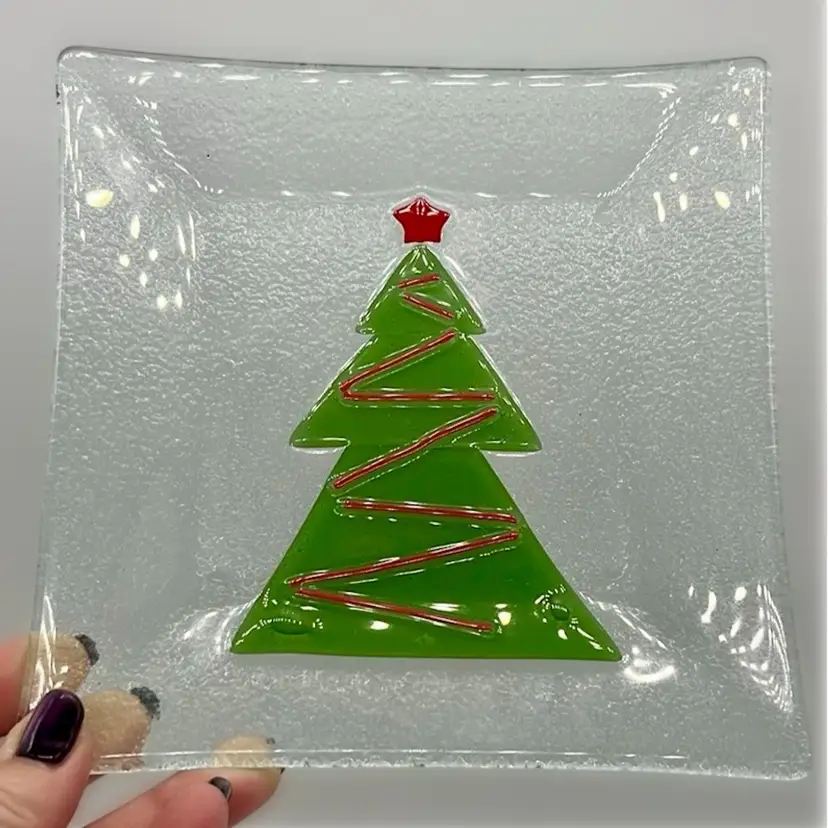 Fused Glass Holiday Plate Green Tree 5.75” | Tag
