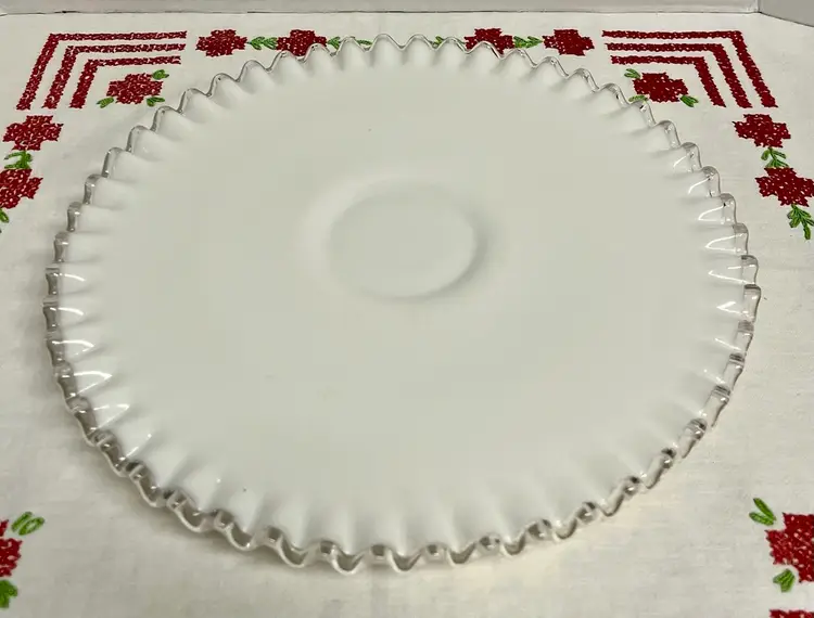 Fenton Silver Crest milk glass low cake plate or serving platter ruffled crimped edge 12”
