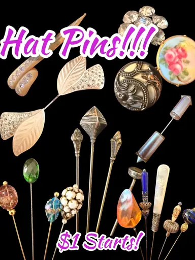 Hat Pins!!!  Murano, Sterling, Deco, Art Nouveau, Rhinestone, Milk Glass!