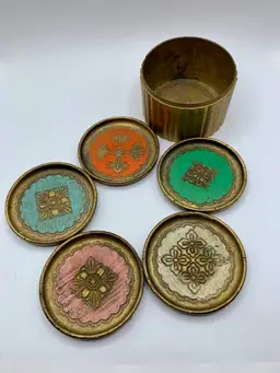Italian Florentine coaster sets with box, No Lid. Hand painted Italy. Set Of 5.