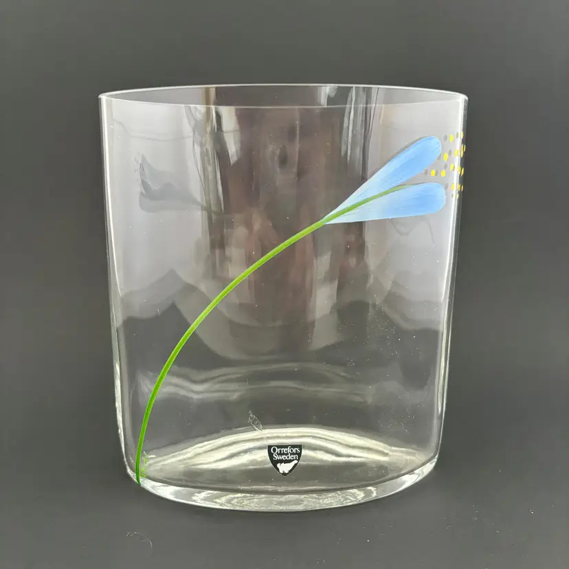 Signed Orrefors Sweden Crystal Vase Hand Painted Crocus Flower Mid Century