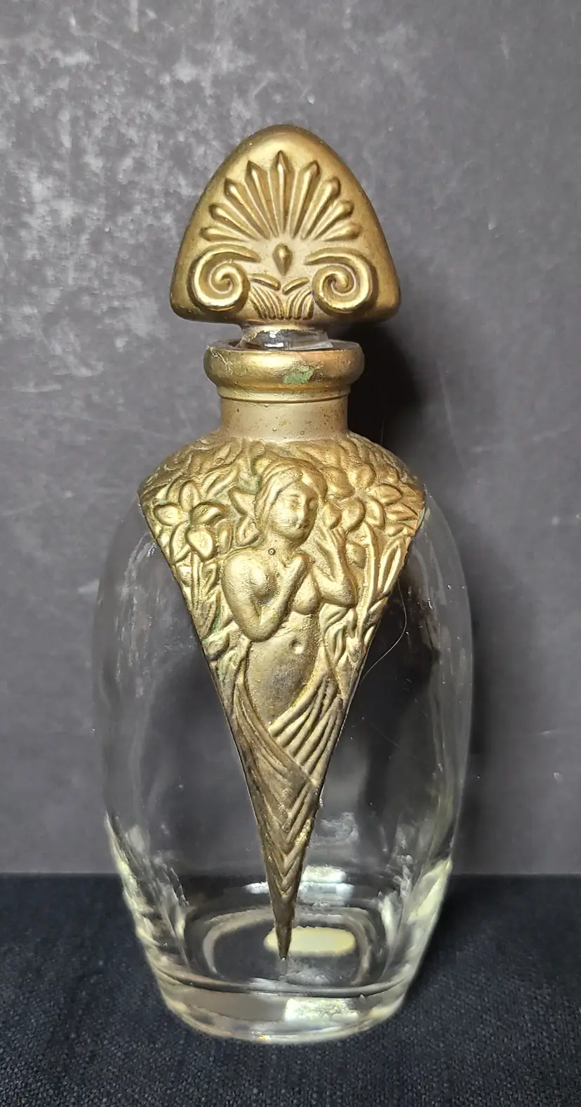 #2 Vintage Silvestri Art Nouveau "Lady Figure" Perfume Bottle Gold-Tone Metal Overlay