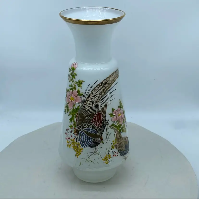 #1912 White Glass vase with Pheasant Decor 10 inch