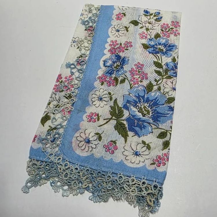 Vintage Floral Handkerchief Set Of 2 With Crocheted Edges Blue & Yellow Floral Prints Cotton 12"x12"