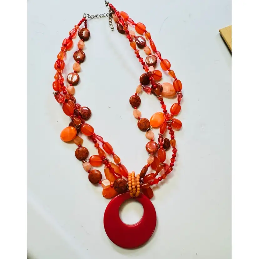 Faux Coral Plastic Triple Strand Necklace