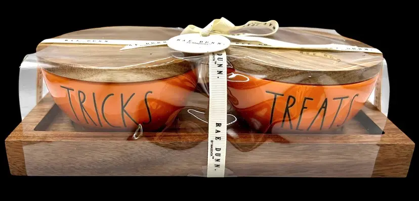 Rae Dunn Magenta Salt Cellar Dish Set Wood Tray Halloween Trick or Treat Orange