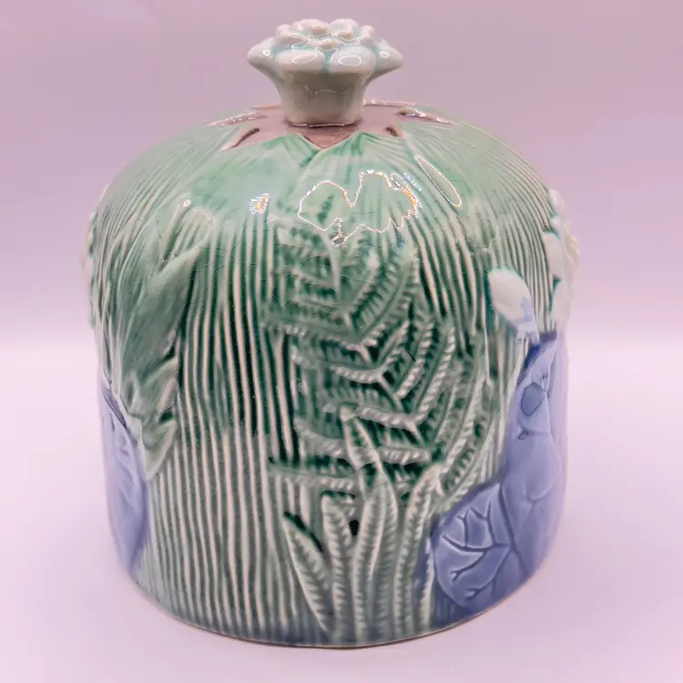 Antique Vintage Majolica Water Lily Pad Lotus Flower Cloche Covered Dome Cheese Butter Dish, Hand-Painted Stoneware Floral Design, By Joseph Holdcroft, Made in England