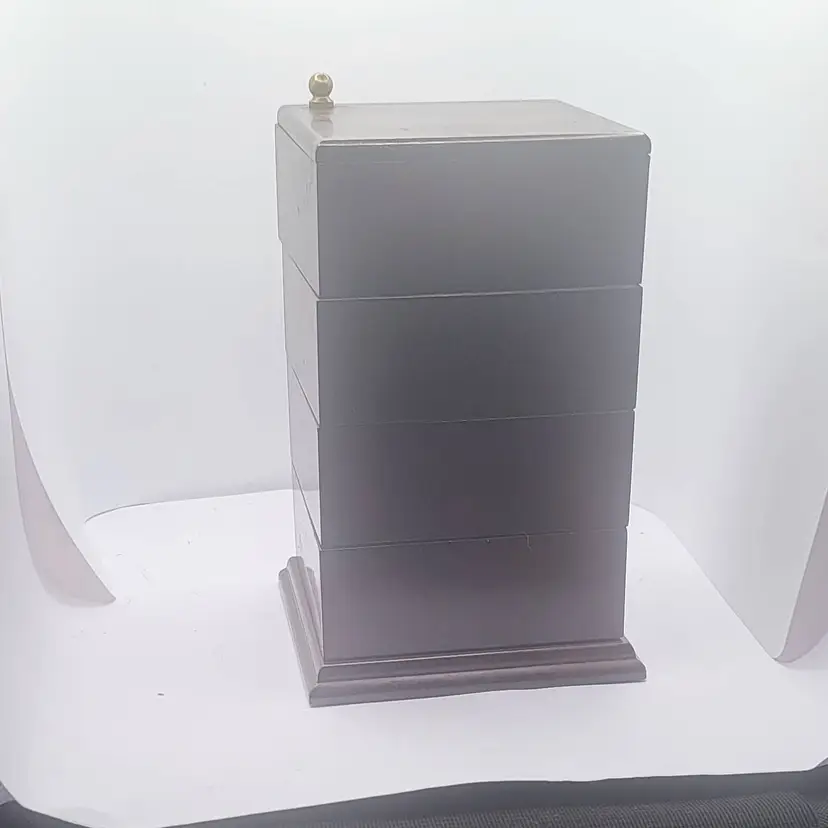 Bombay Company Mahogany 4 drawer Swivel Storage/Jewelry Box with Brass Knob 7 1/2' x 4'" x 4"**read