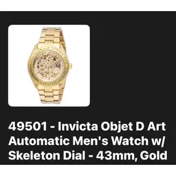 Invicta Objet D Art
Automatic Men's Watch w/
Skeleton Dial - 43mm, Gold
