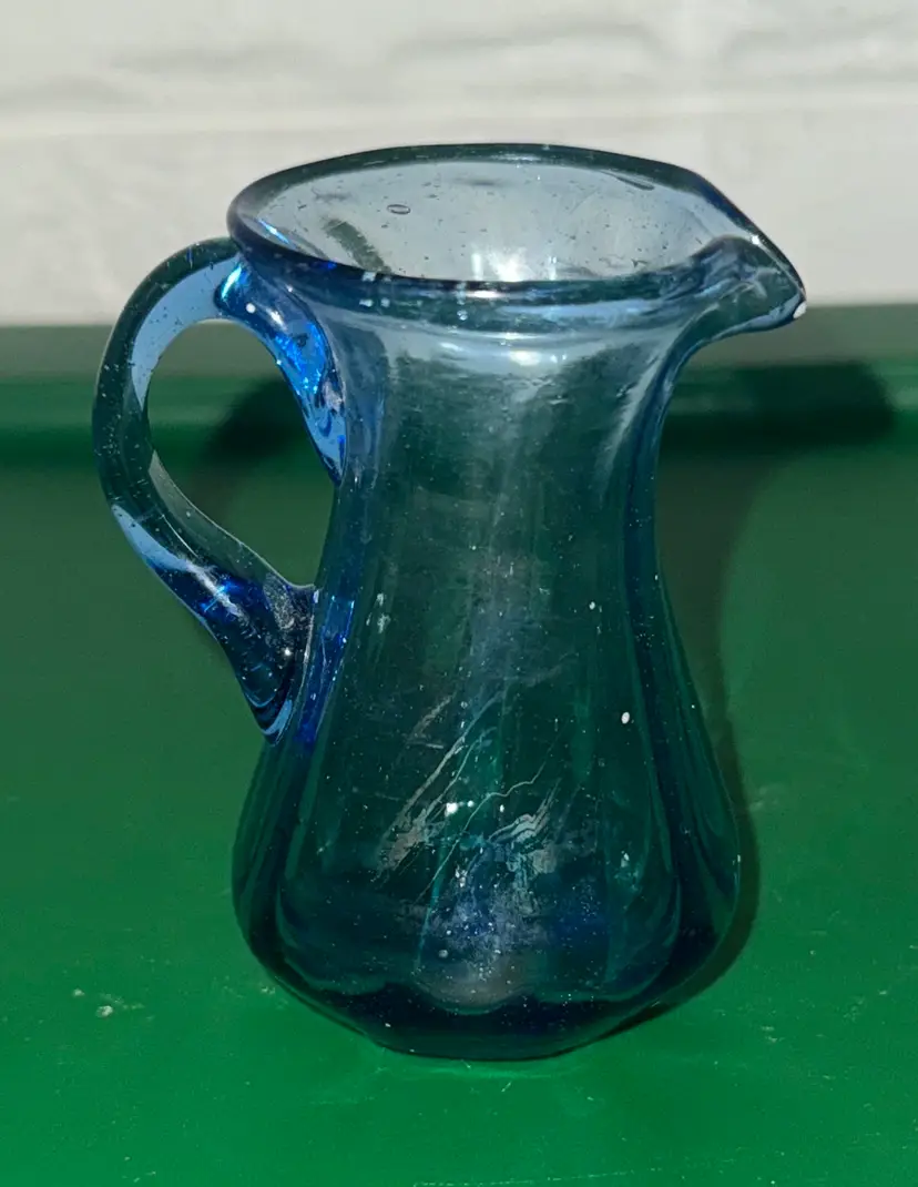 Hand Blown Blue Art Glass Creamer~Miniature 3.25" Tall Blue Glass Mini Pitcher