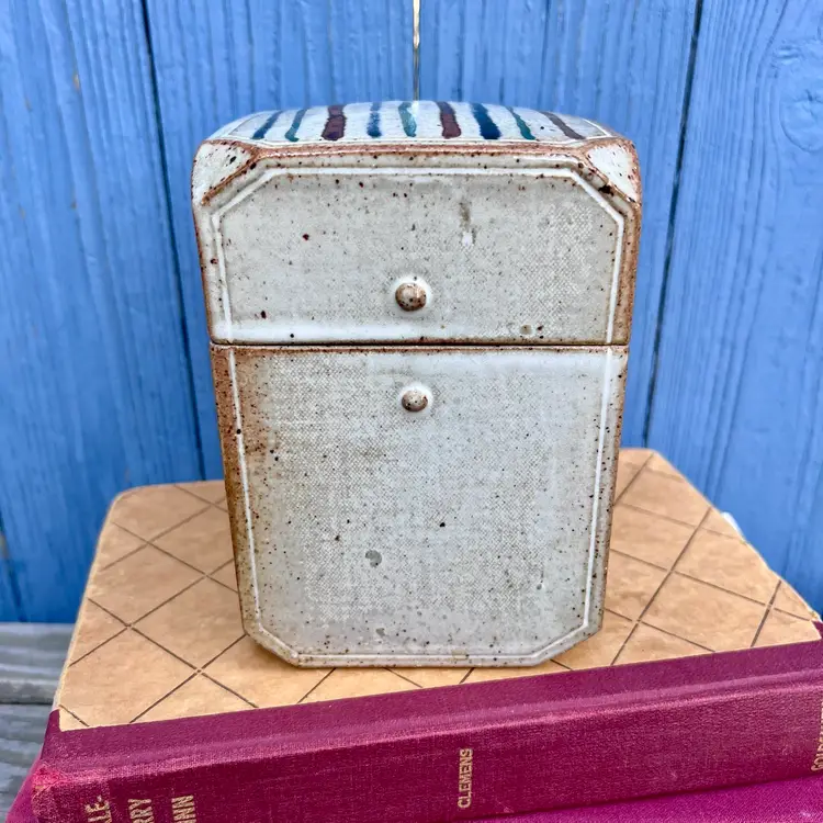 Aleen Gottlob Glazed Ceramic Lidded Box Studio Potter Striped Vintage NC