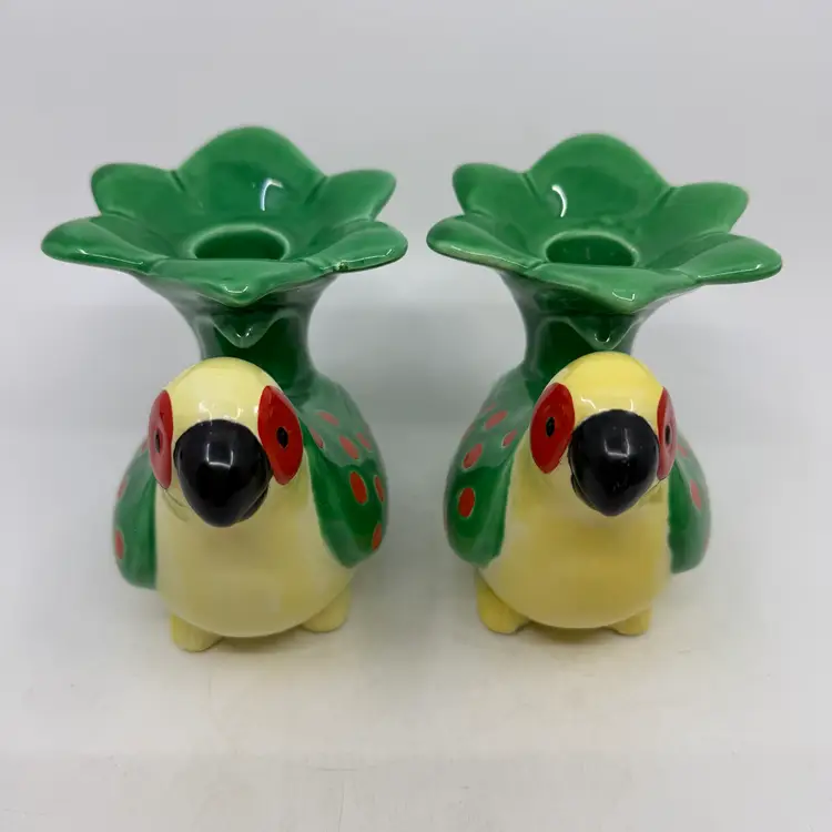 Vintage Fitz And Floyd 2 Piece Parrot Shaped Taper Candle Holders Tropical Colorful And Whimsical Maker’s Mark