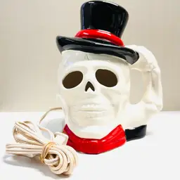 Vintage Skull Lamp Black Top Hat Red Bow Tie Ceramic Halloween Decor Made in Taiwan