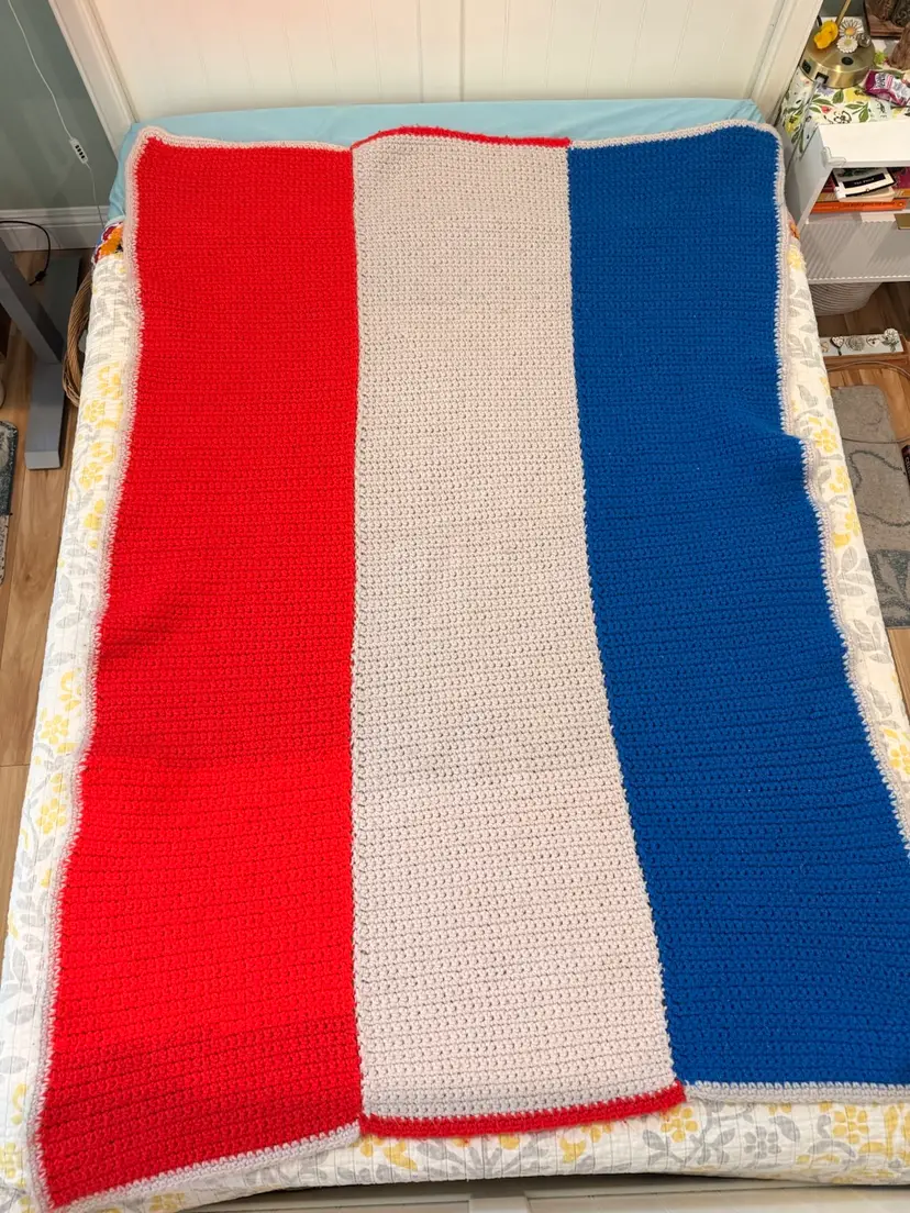 Vintage Crocheted Afghan Blanket - Red Gray Blue