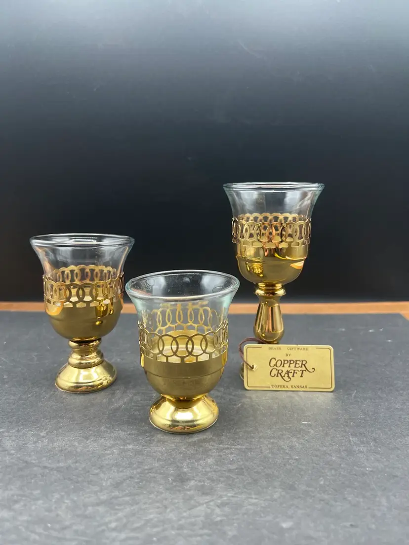 #631B Set Of 3 Graduated Vintage Copper Craft Brass Candle Holders. Base And Glass Insert
