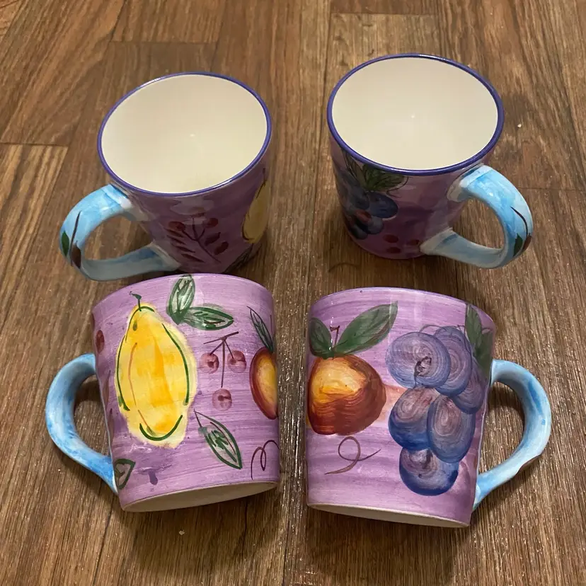 Vintage Set Lot Of 4 Totally Today Painted Coffee Mug Mugs Cup Fruit Medley 4”H