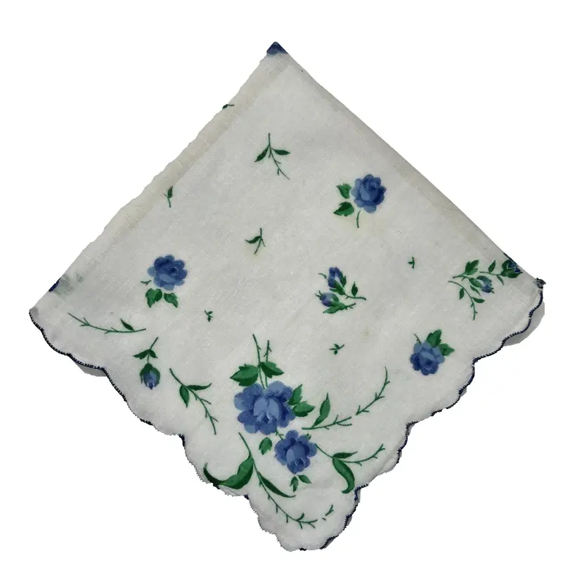 Spring Blue Rosebud Scalloped Handkerchief Cottage Core Granny Vintage