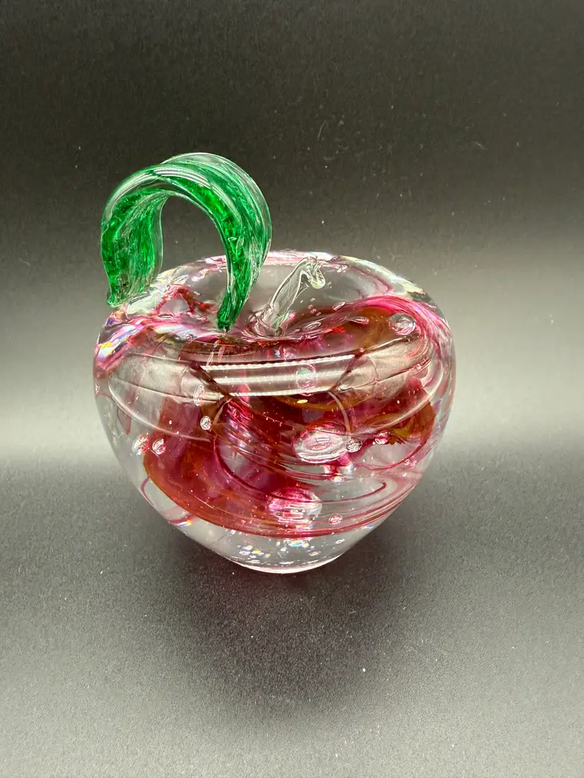 Art Glass Apple with Red Swirls UV Reactive - signed Mike from Cal 96