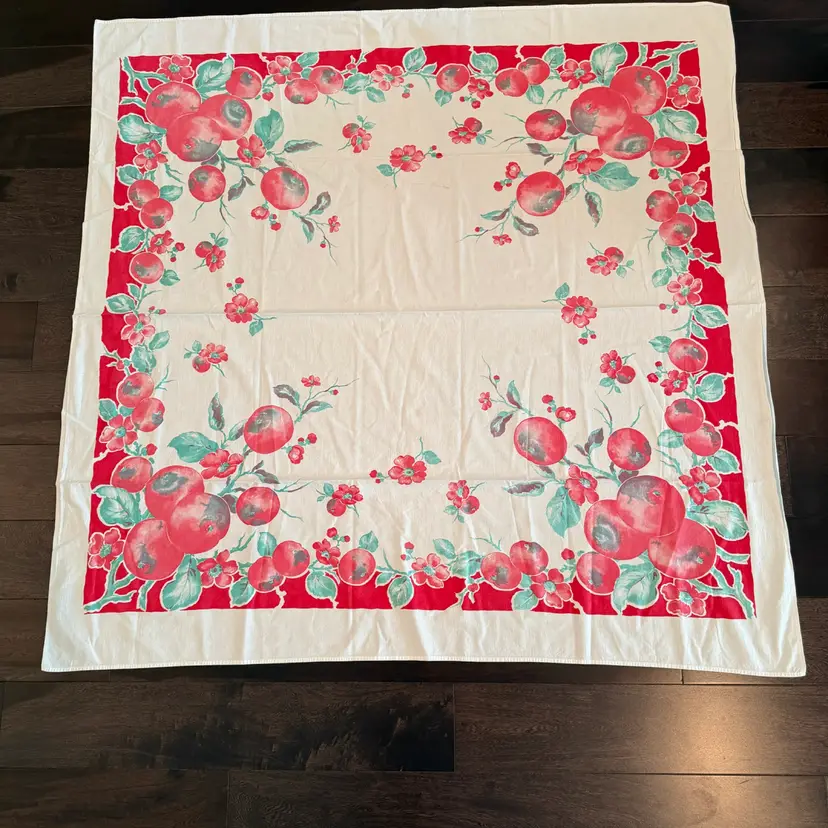 Vintage Linen Tablecloth Vibrant Red & Green Fruit & Branches W Leaves 48”