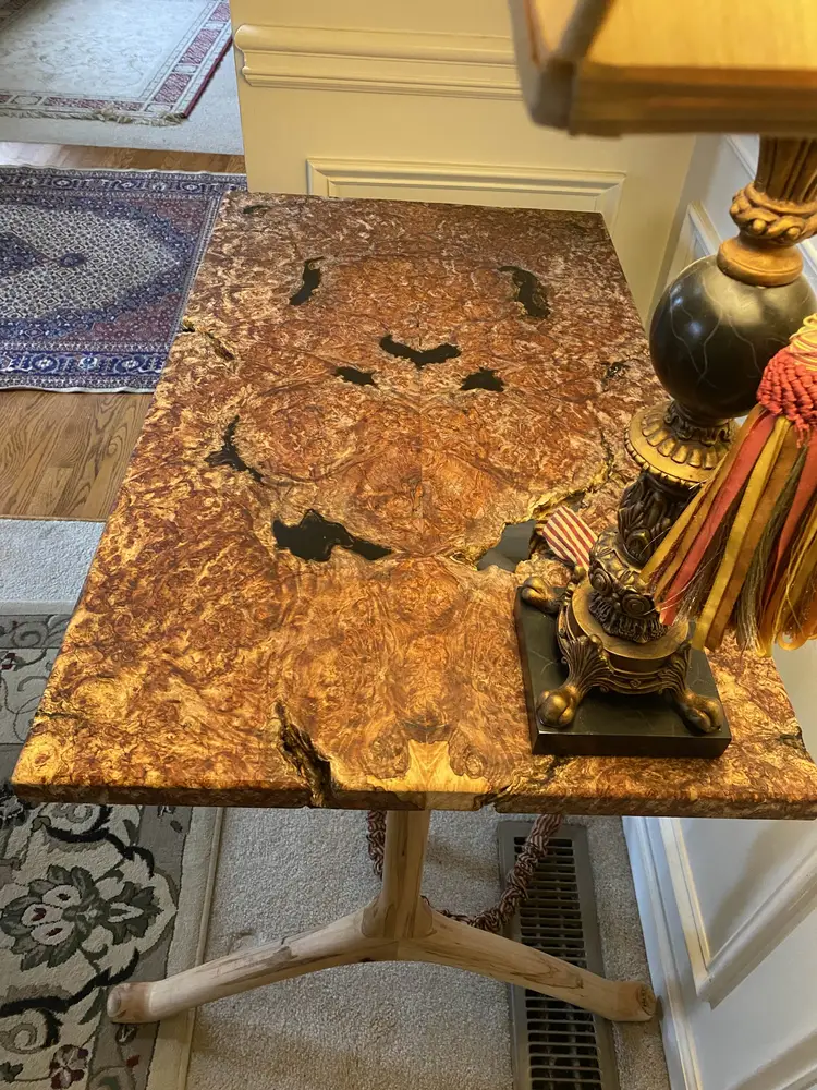 Handcrafted spalted Maple Burl side table with sculpted Maple wishbone legs