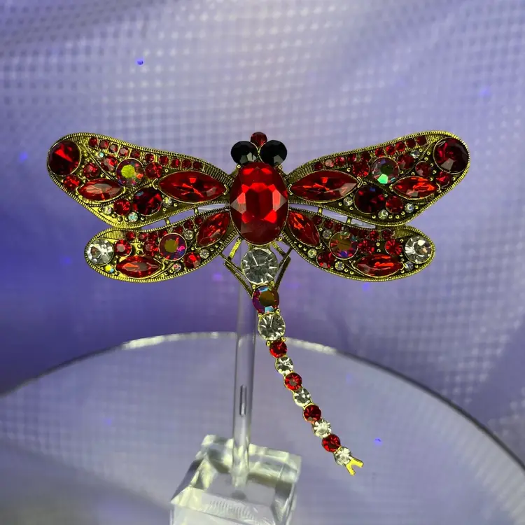 Red Rhinestone Dragonfly Brooch Gold Tone Sparkling Statement Pin (Inv - #05)