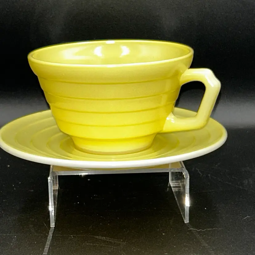 Vintage Hazel Atlas Moderntone Platonite Pastel Yellow Cup and Saucer Set.