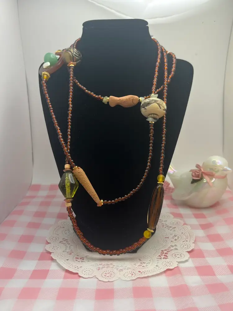 Handmade 60” Bohemian Beaded Necklace with Carved Wooden & Glass Beads