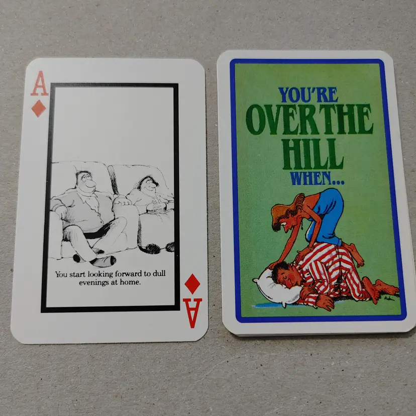 1 Single Swap Card - Playing Card. Over the Hill- dull evenings at home. Dimension 2.5 x 3.5. Read description.