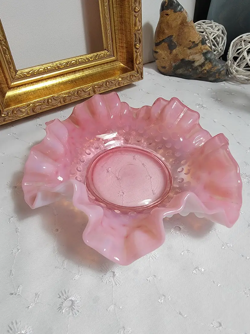 Pink and white fenton hobnail glass dish