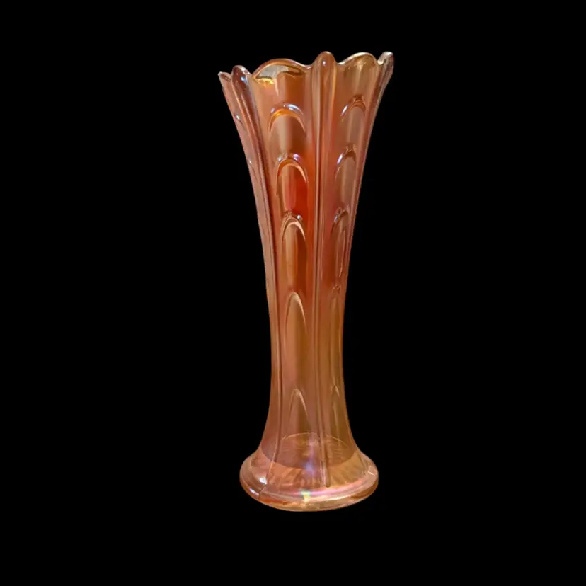 Dugan Marigold Carnival Glass Pulled Loop Swung Vase 9”x 3”