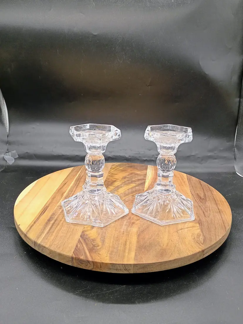 Shannon 24% Lead Crystal  Pillar Taper Candle Holders 2 Lexington Pattern 5.5"