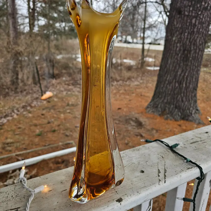 Amber Golden Swung  Vase MCM 12" Heavy