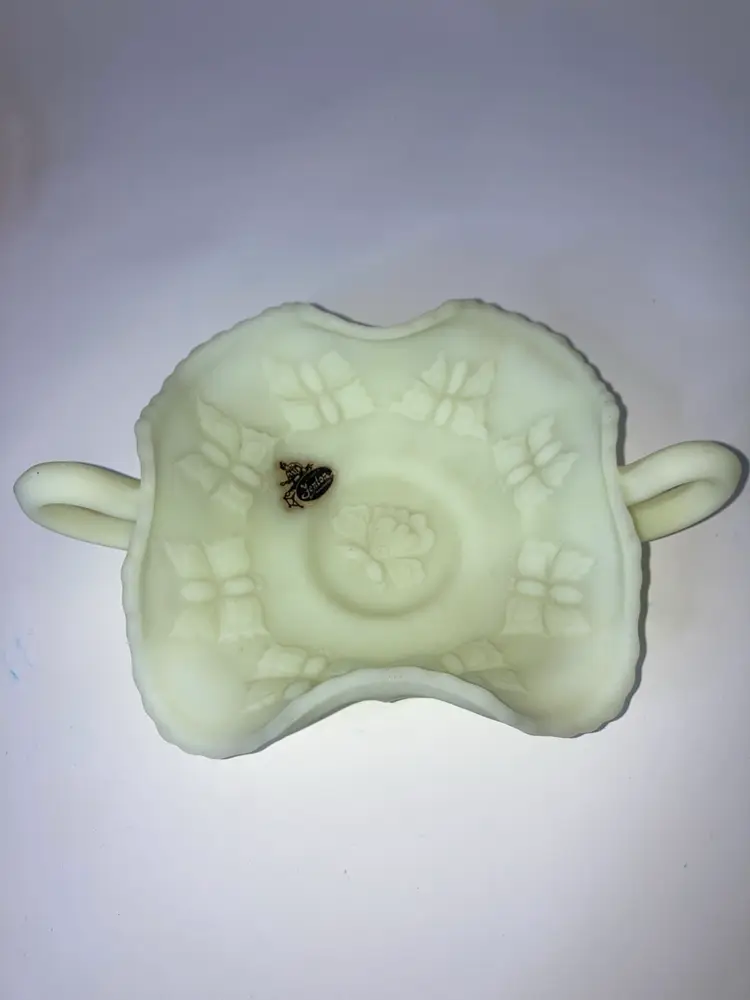 Vintage Fenton Satin Custard Glass Bonbon Dish!  Butterfly Pattern With Ruffled Rim and 2 Handles! Just Under 2 1/2” Tall  8 1/4” Wide! Embossed! UV Reactive! Glow 😎