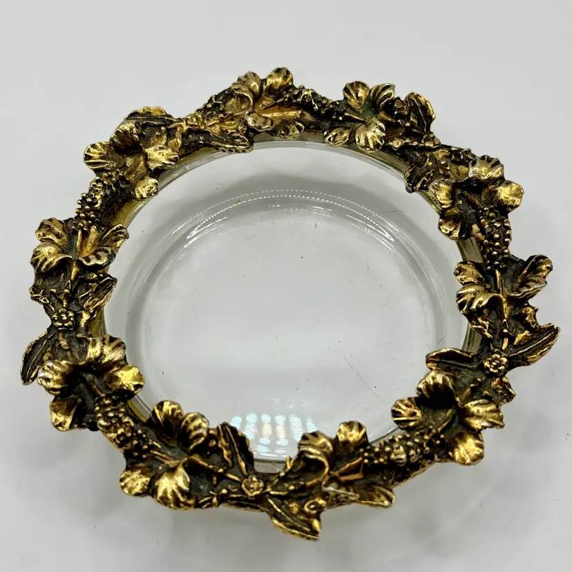 Vintage 1950’s Gold Gilt Ormolu Glass Coaster Ashtray Jewelry Pin Trinket Dish Bowl, Intricate Hibiscus Flowers, Vintage Collectible, By Gresco, Made in USA